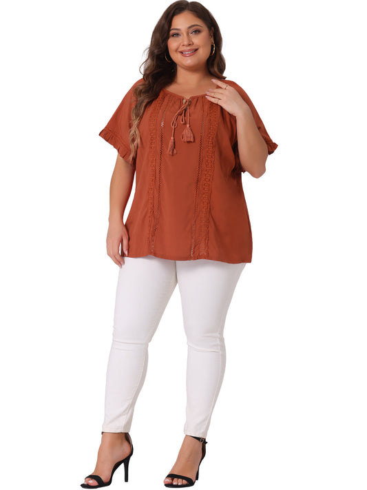 Women Plus Size Blouse Tie Neck Ruffle Short Sleeve Summer Lace Crochet Top