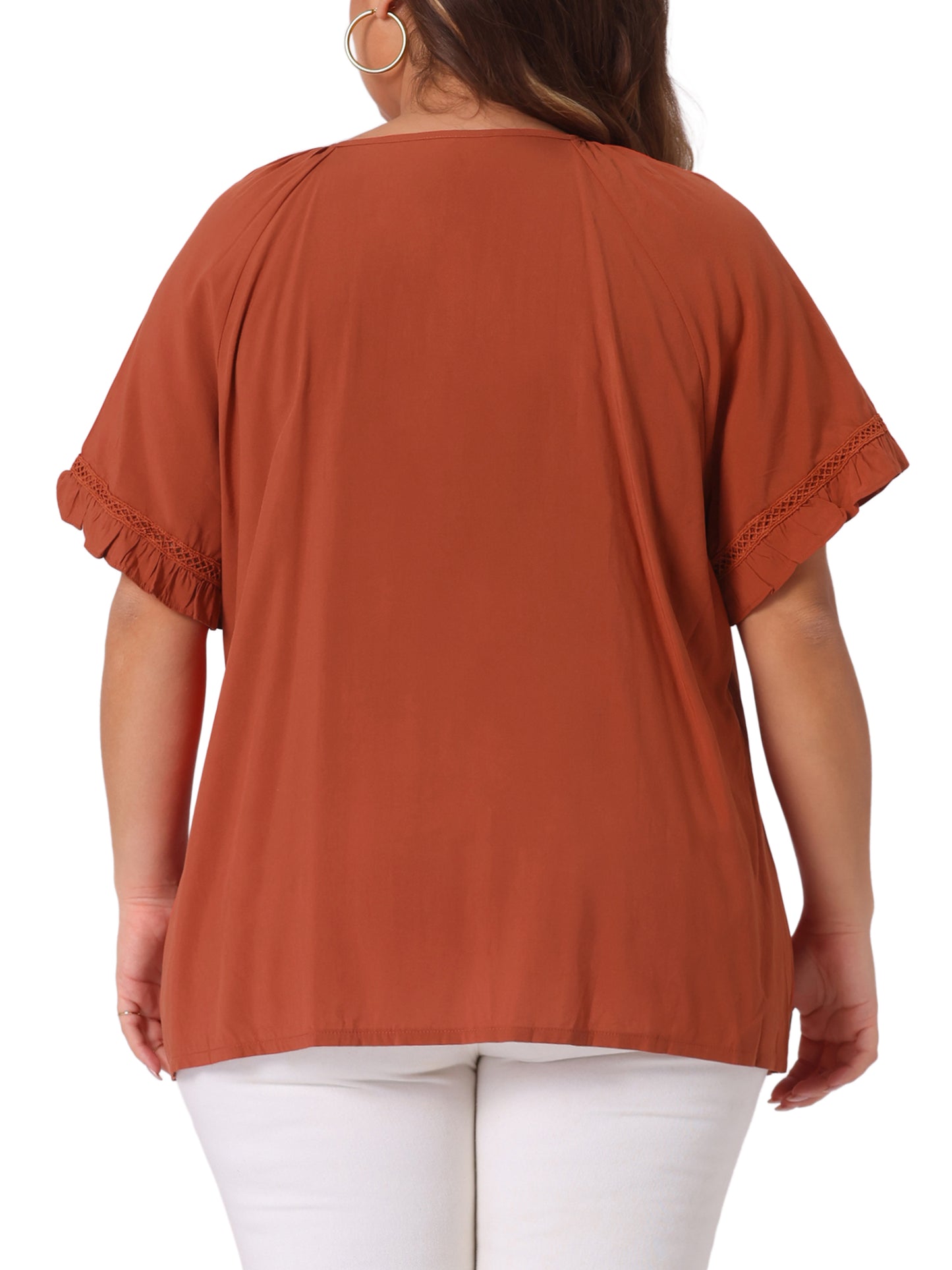 Women Plus Size Blouse Tie Neck Ruffle Short Sleeve Summer Lace Crochet Top