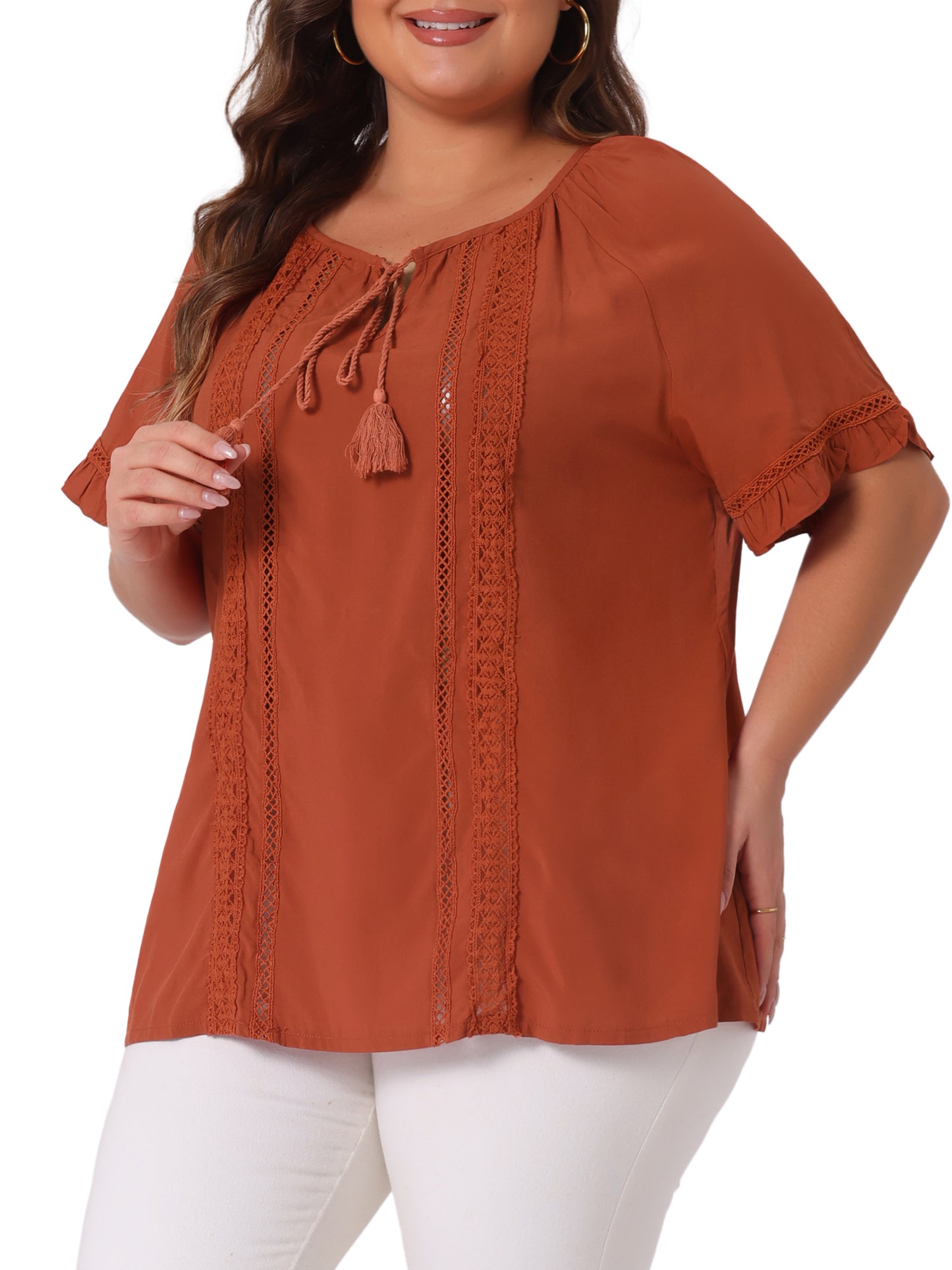 Women Plus Size Blouse Tie Neck Ruffle Short Sleeve Summer Lace Crochet Top