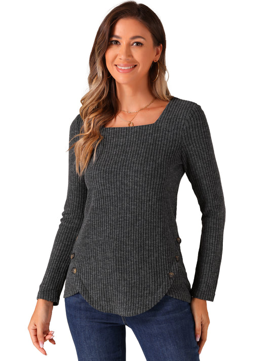 Women's Ribbed Knit Top Long Sleeve Square Neck Tee Tops