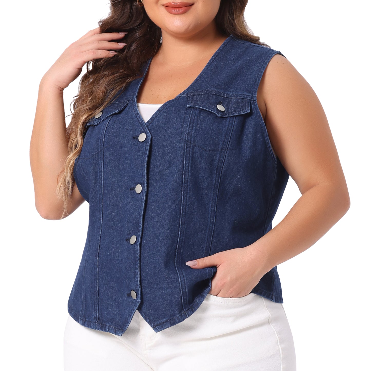 Women Plus Size Denim Jacket V Neck Sleeveless Utility Jean Denim Vest