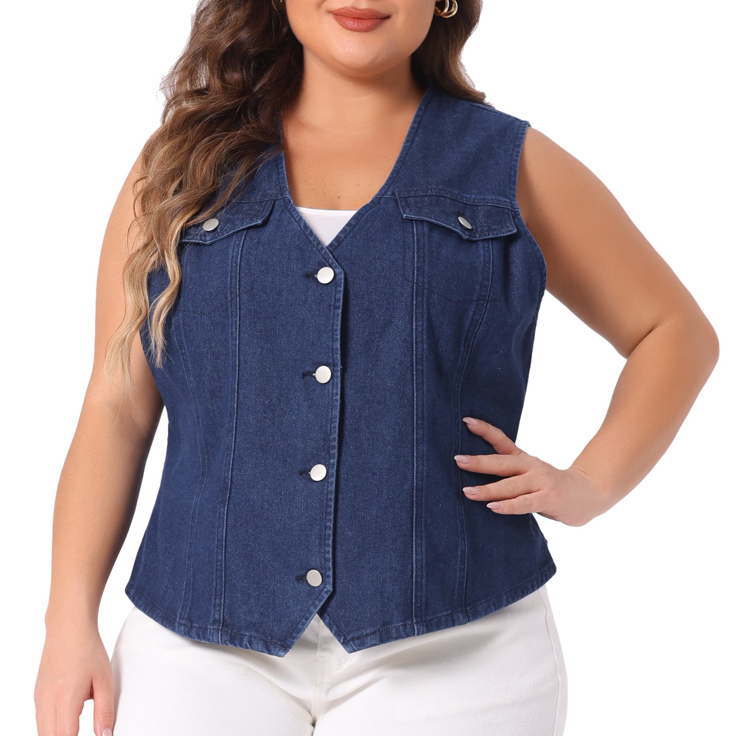 Women Plus Size Denim Jacket V Neck Sleeveless Utility Jean Denim Vest