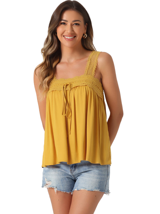 Women's Casual Sleeveless Top Square Neck Panel Lace Ruffles Tank Top