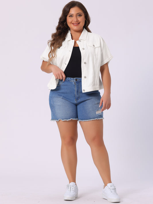 Chaqueta vaquera de talla grande para mujer, de manga corta, con solapa y botones al frente, ideal para el trabajo, estilo western.