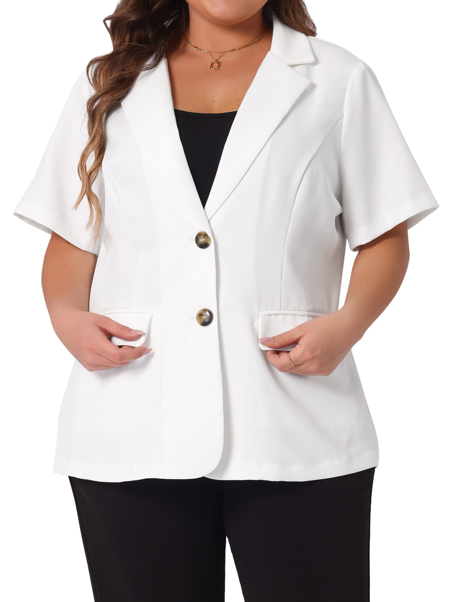 Blazer informal de talla grande para mujer, de manga corta, con solapa con muescas y botones, para trabajo y oficina