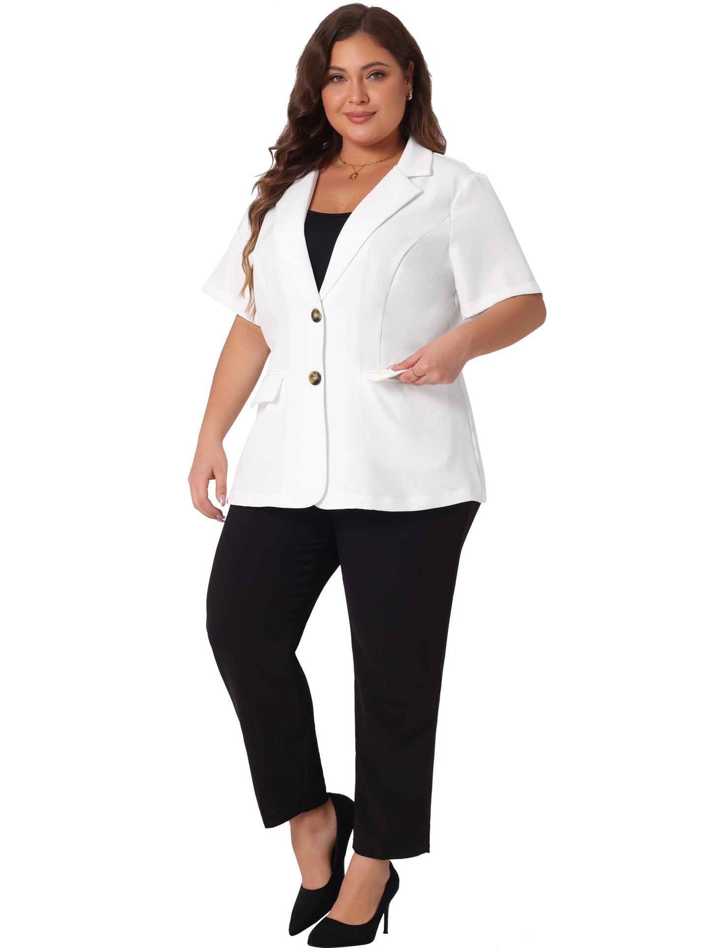 Blazer informal de talla grande para mujer, de manga corta, con solapa con muescas y botones, para trabajo y oficina