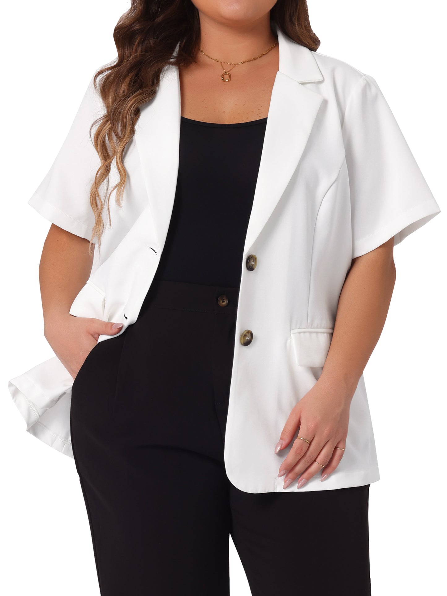 Blazer informal de talla grande para mujer, de manga corta, con solapa con muescas y botones, para trabajo y oficina