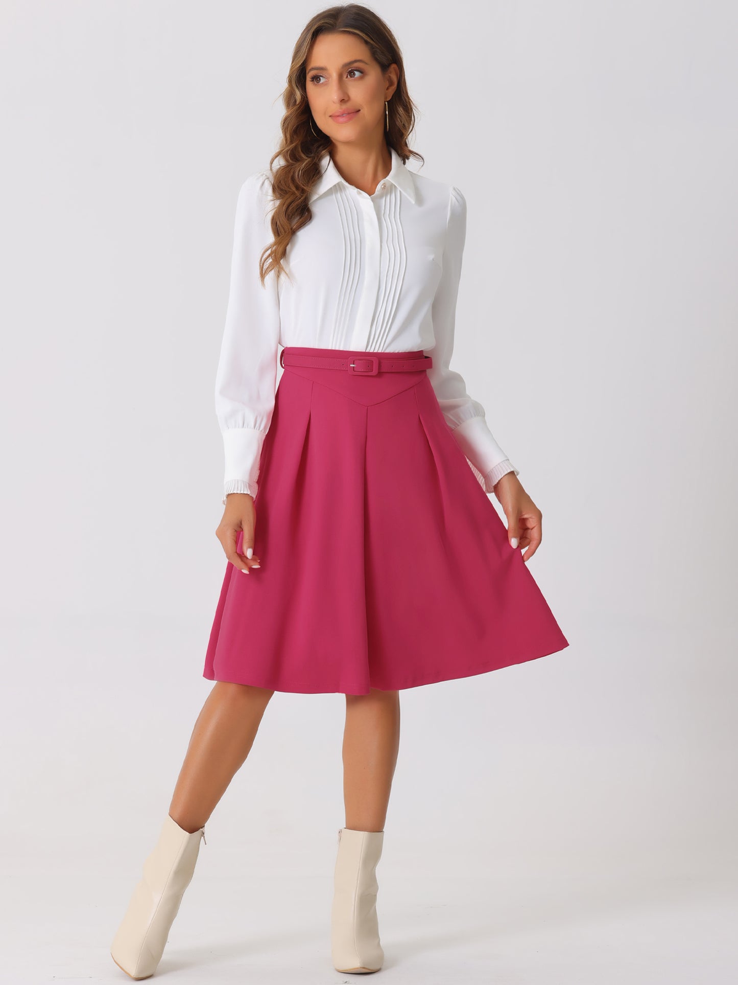Women's Office Work Skirts Belted Waist Midi A-Line Pleated Skirt