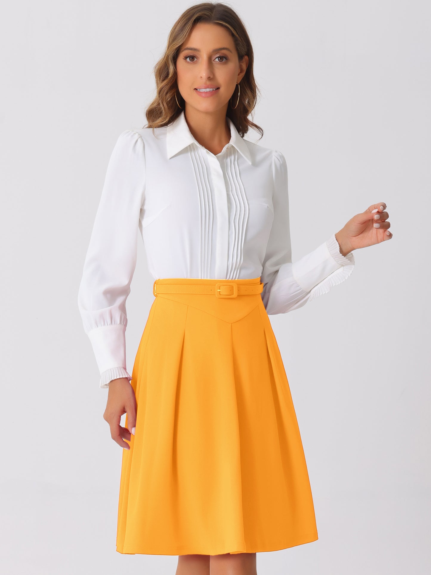 Women's Office Work Skirts Belted Waist Midi A-Line Pleated Skirt