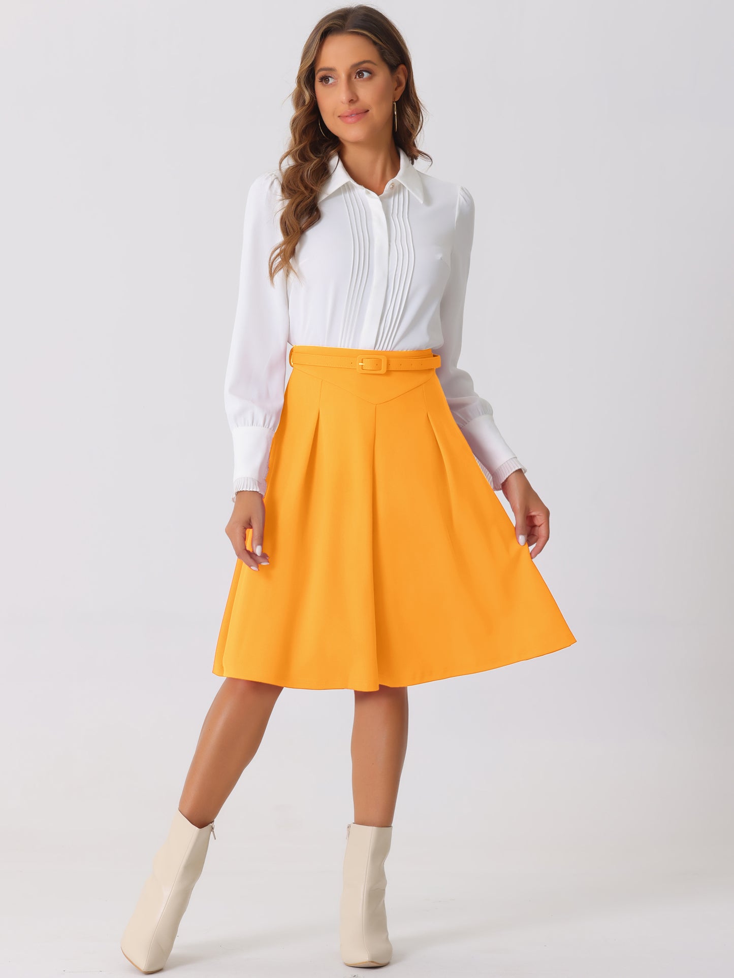 Women's Office Work Skirts Belted Waist Midi A-Line Pleated Skirt