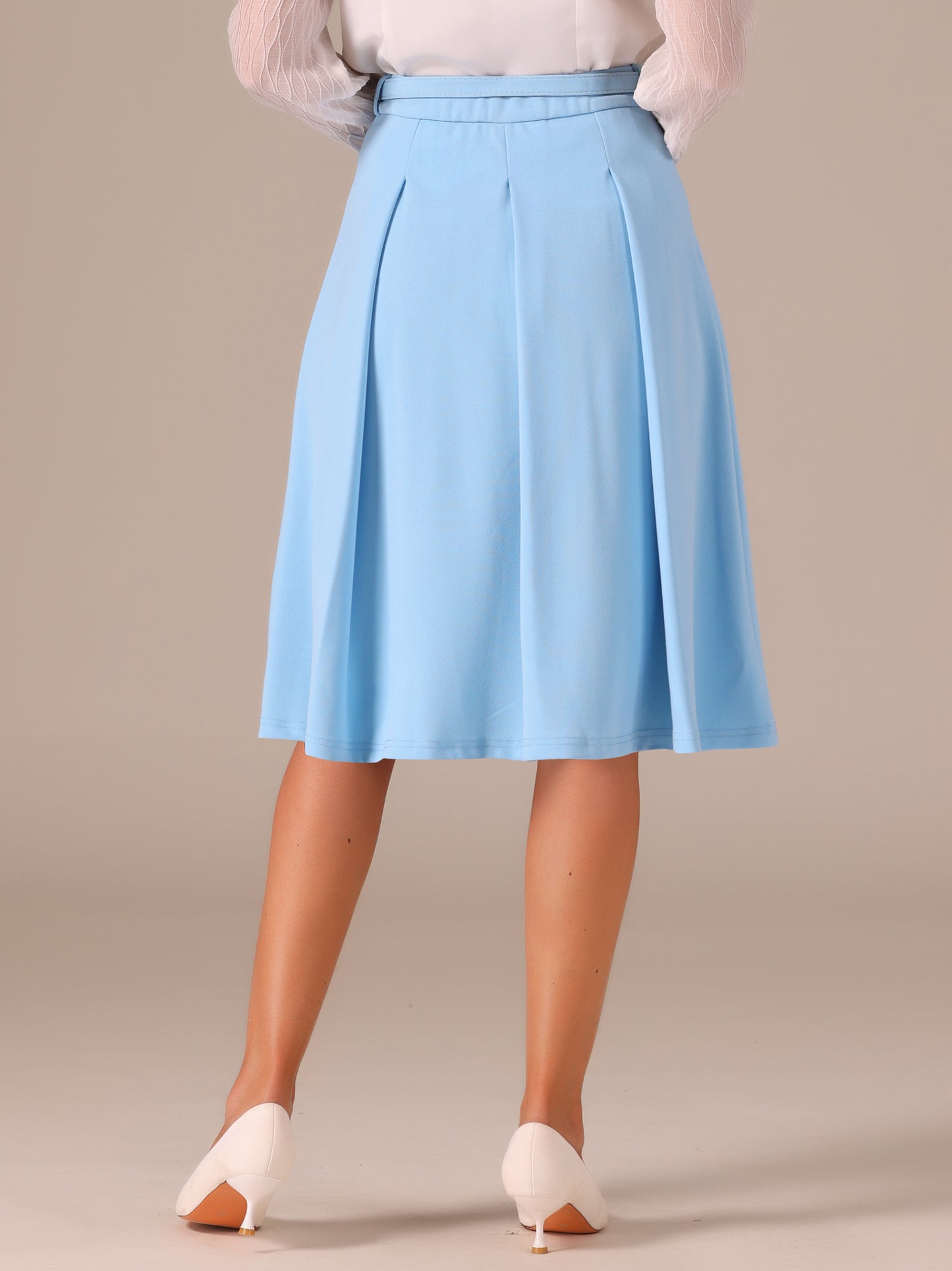 Women's Office Work Skirts Belted Waist Midi A-Line Pleated Skirt