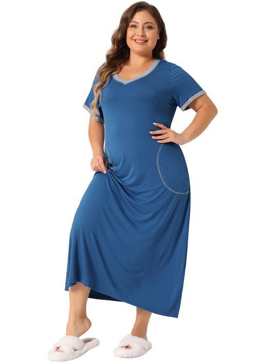 Women's Plus Size Long Nightgowns Short Sleeve Loungewear V Neck Sleepwear with Pockets