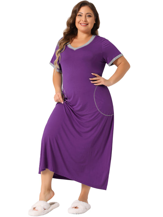 Women's Plus Size Long Nightgowns Short Sleeve Loungewear V Neck Sleepwear with Pockets