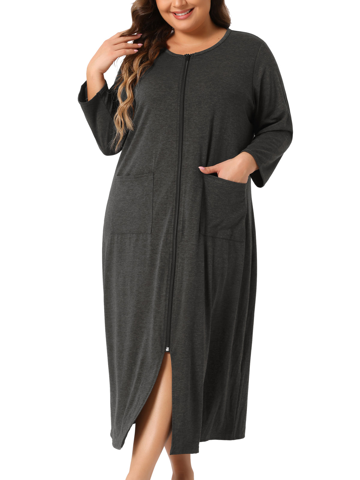 [PACK SALES] Women's Plus Size 2 Pieces Sleep Dress Zipper Front 3/4 Sleeve Robe Bathrobes Maxi House Nightgown with Pockets