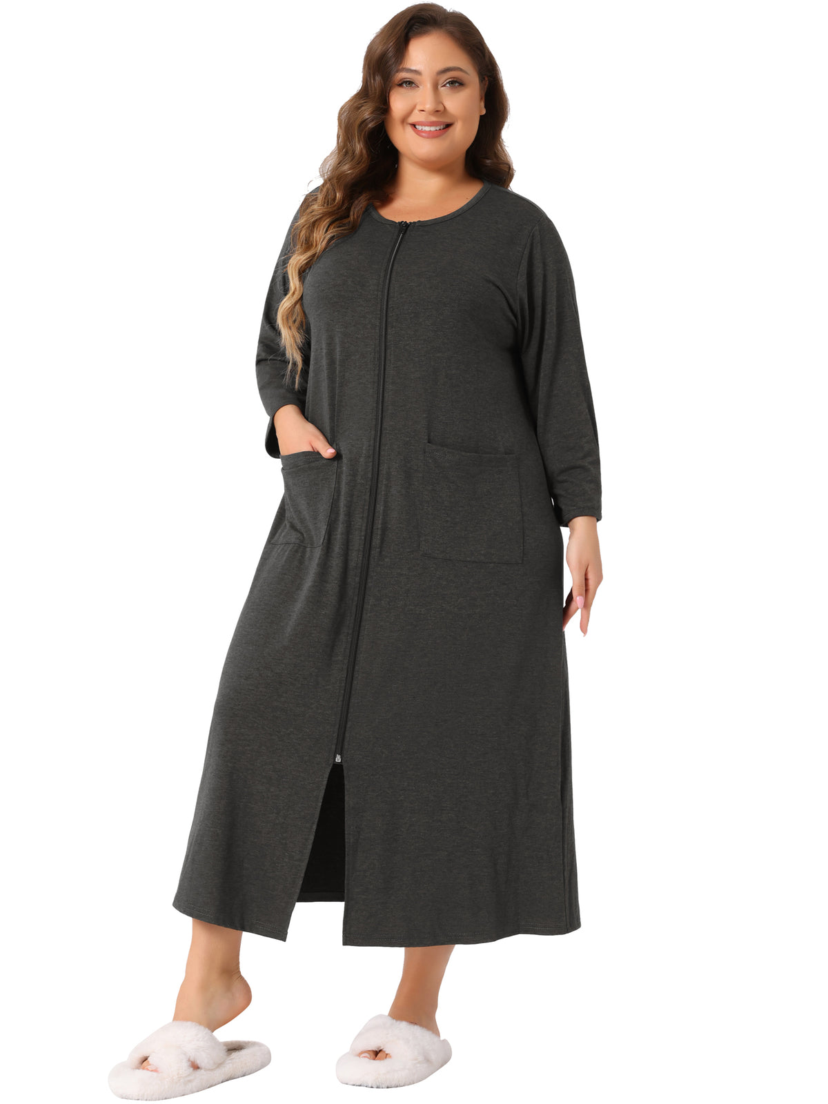 [PACK SALES] Women's Plus Size 2 Pieces Sleep Dress Zipper Front 3/4 Sleeve Robe Bathrobes Maxi House Nightgown with Pockets
