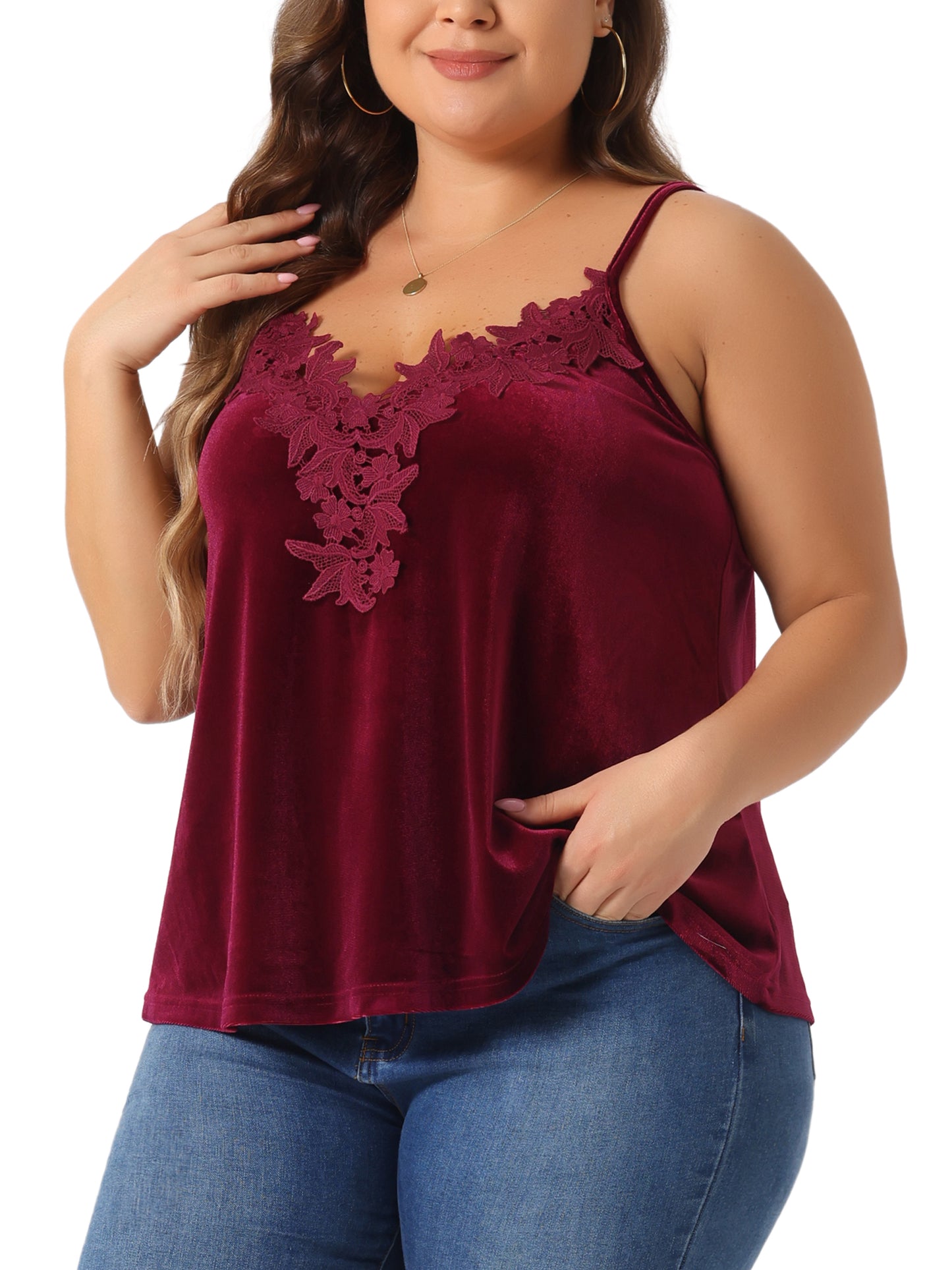 Women Plus Size Tank Tops V Neck Lace Floral Panel Spaghetti Strap Cami Velvet Tank Top