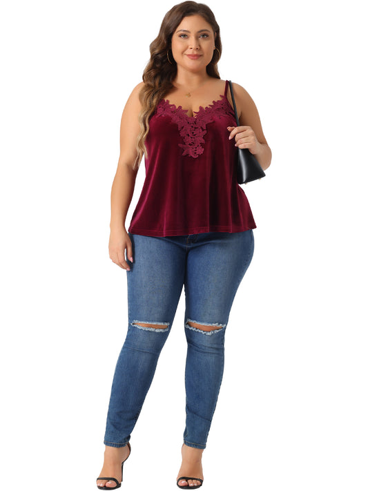 Women Plus Size Tank Tops V Neck Lace Floral Panel Spaghetti Strap Cami Velvet Tank Top