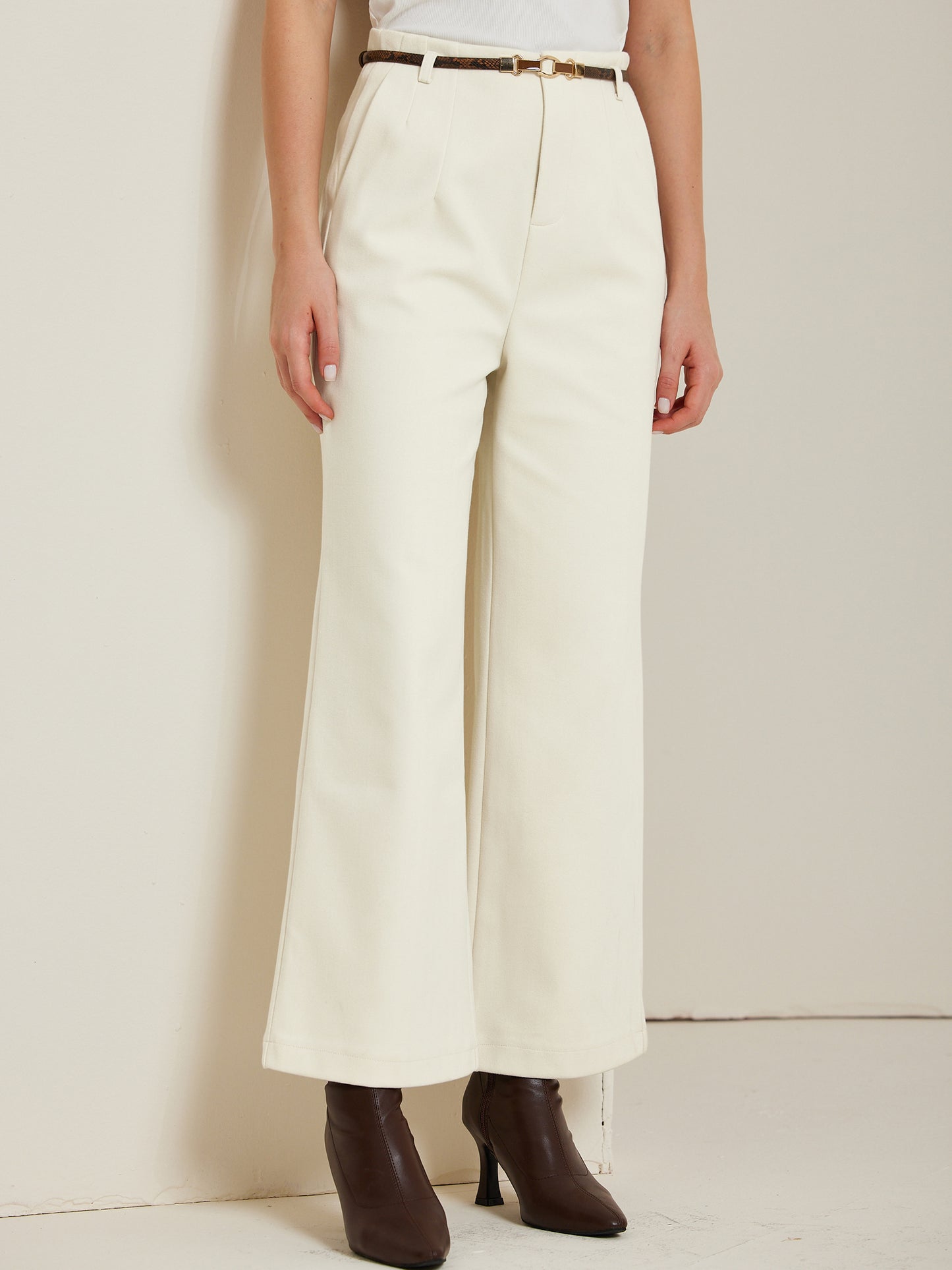 Pantalones de mujer Otoño Invierno Mezcla de Lana Cintura Alta Pierna Ancha Cremallera Bolsillos Cinturón Pantalones Casuales de Negocios