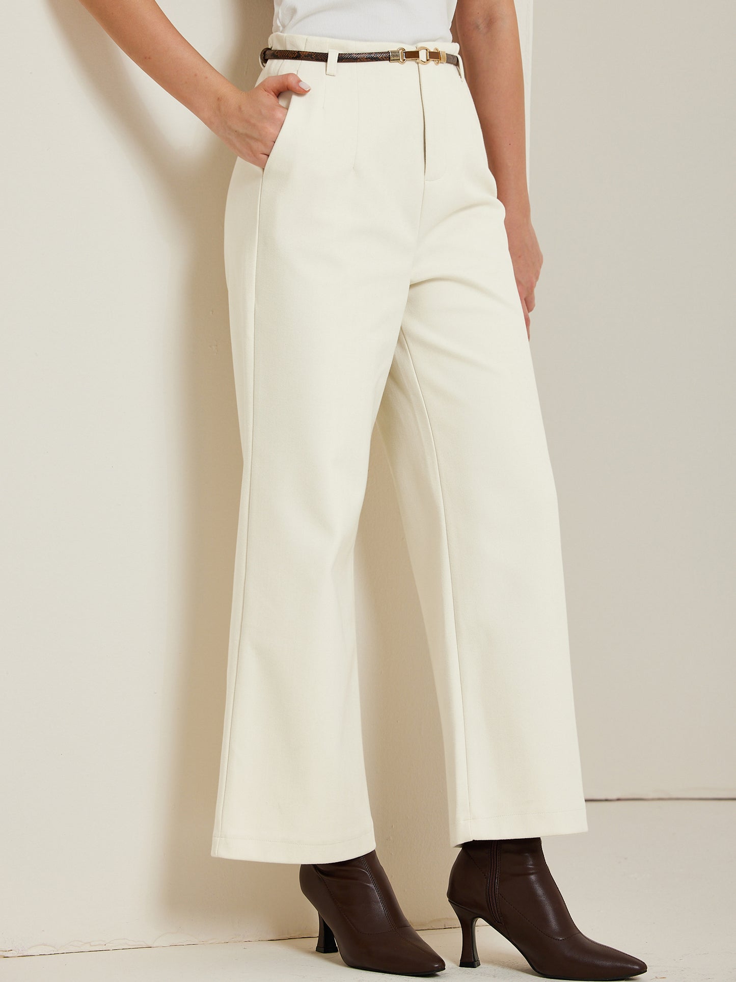 Pantalones de mujer Otoño Invierno Mezcla de Lana Cintura Alta Pierna Ancha Cremallera Bolsillos Cinturón Pantalones Casuales de Negocios