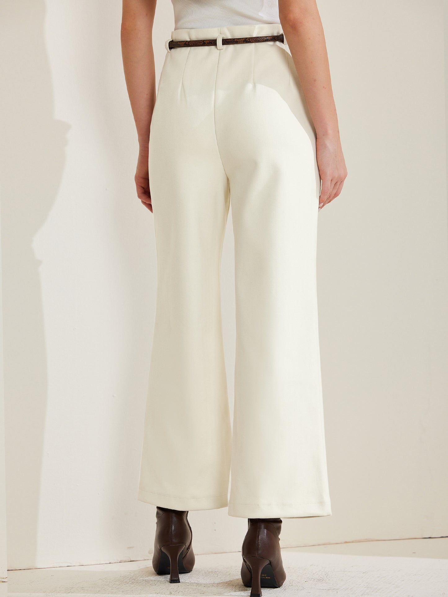 Women's Pants Fall Winter Wool Blend High Waist Wide Leg Zipper Pockets Belt Business Casual Pants