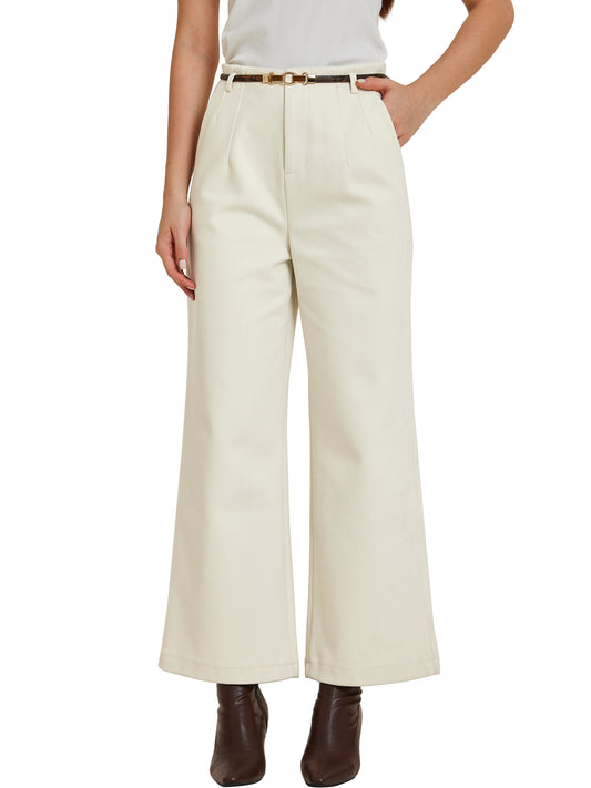 Women's Pants Fall Winter Wool Blend High Waist Wide Leg Zipper Pockets Belt Business Casual Pants