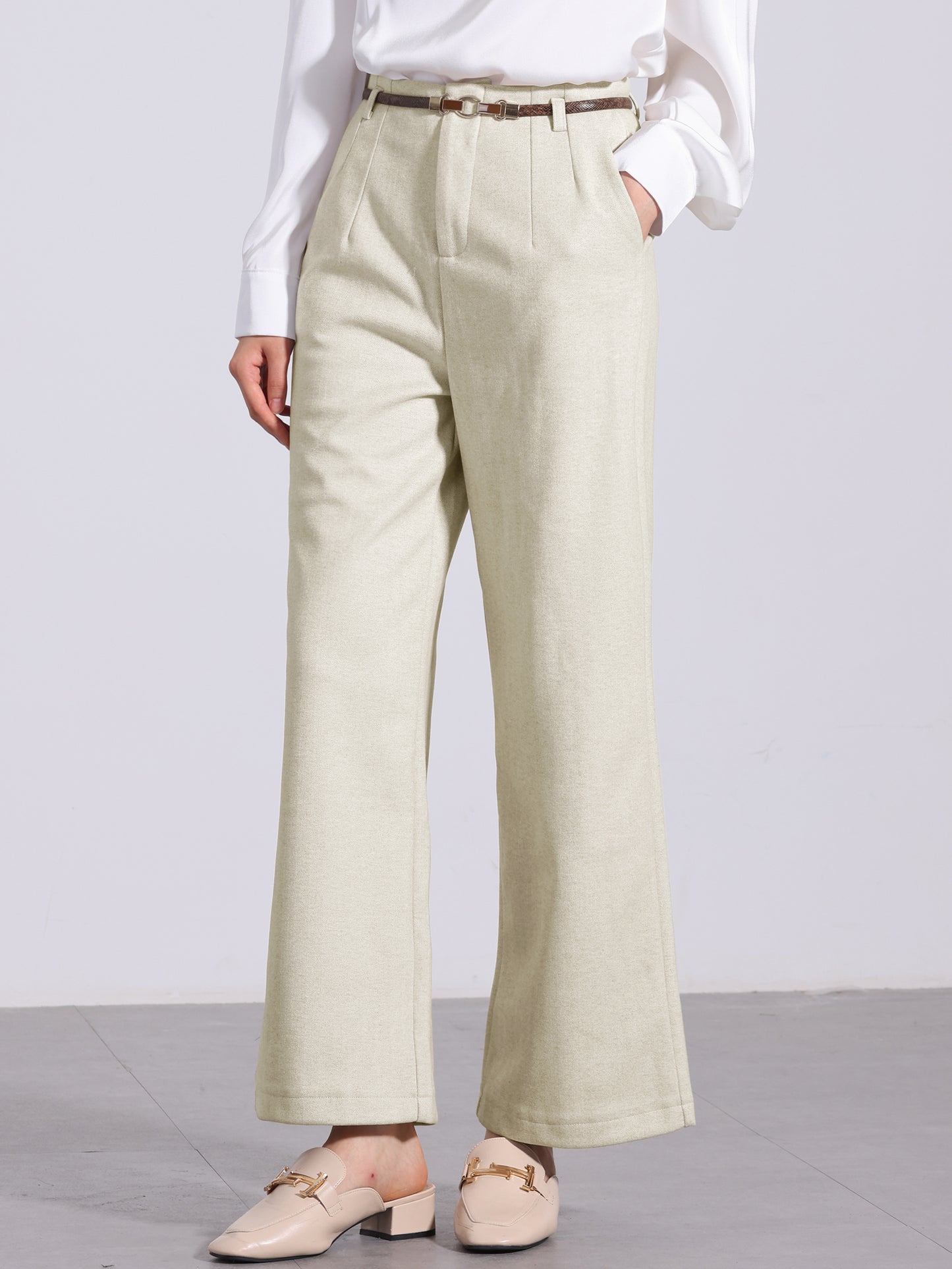 Women's Pants Fall Winter Wool Blend High Waist Wide Leg Zipper Pockets Belt Business Casual Pants
