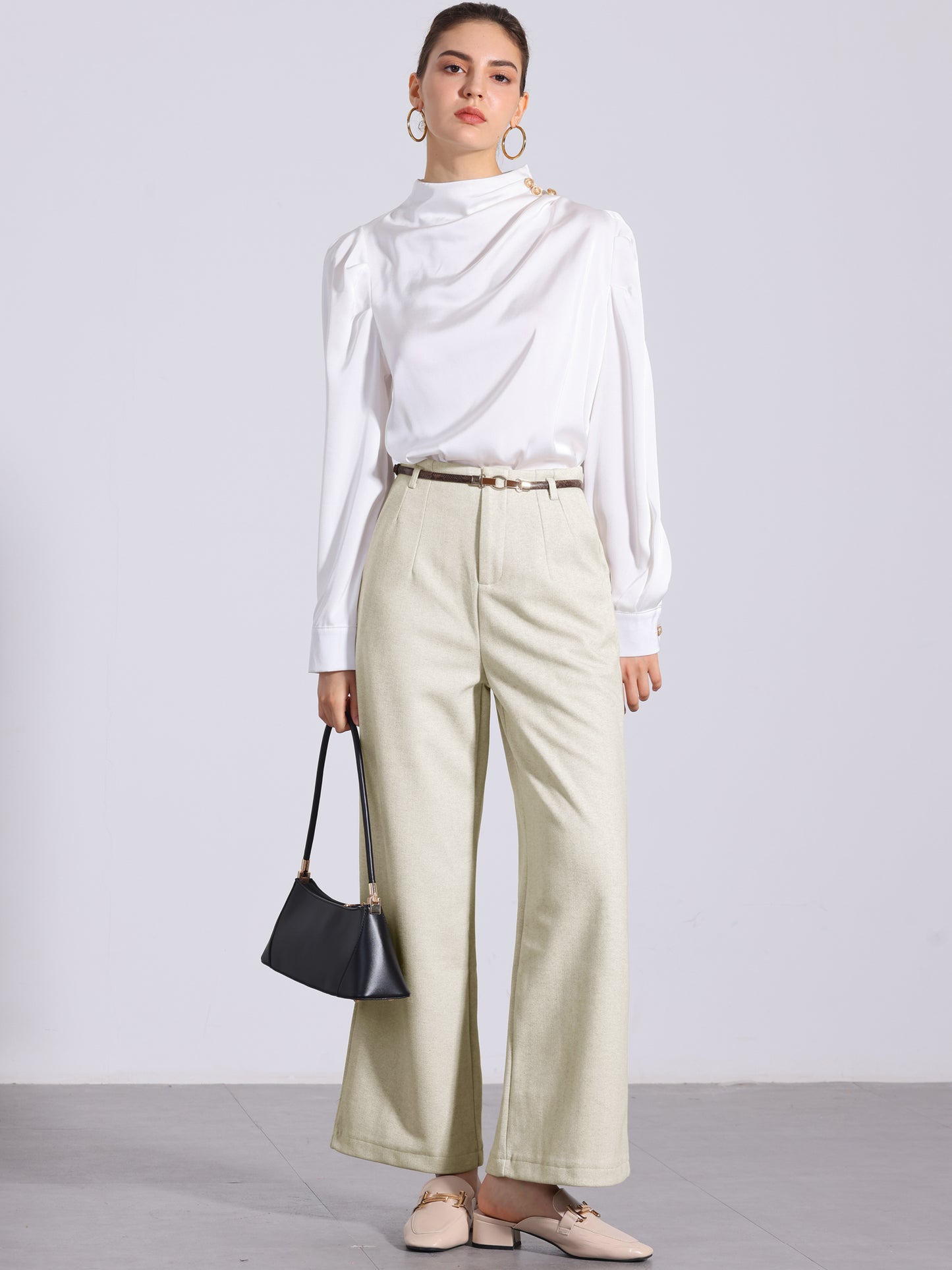 Women's Pants Fall Winter Wool Blend High Waist Wide Leg Zipper Pockets Belt Business Casual Pants