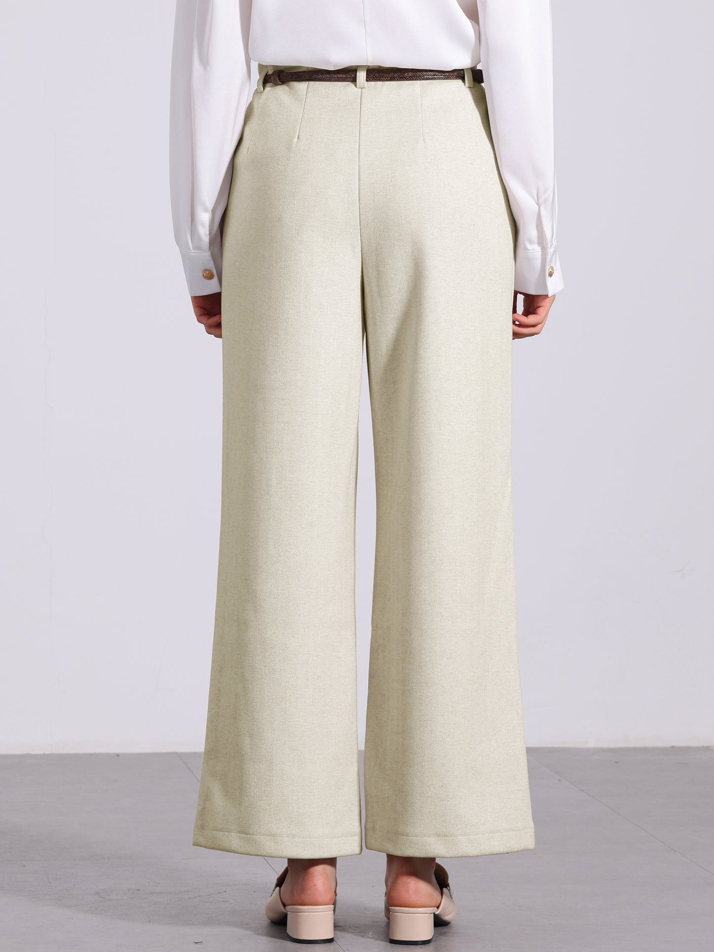 Women's Pants Fall Winter Wool Blend High Waist Wide Leg Zipper Pockets Belt Business Casual Pants