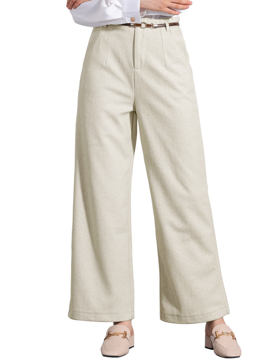 Women's Pants Fall Winter Wool Blend High Waist Wide Leg Zipper Pockets Belt Business Casual Pants