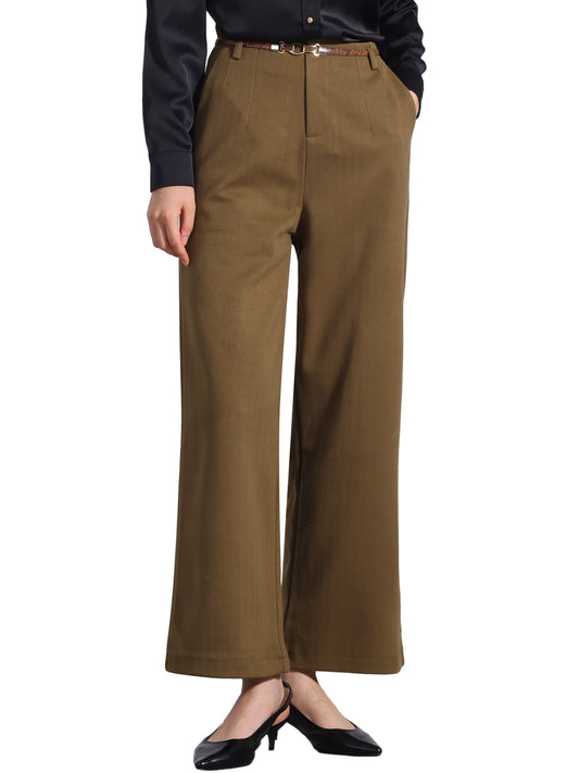 Women's Pants Fall Winter Wool Blend High Waist Wide Leg Zipper Pockets Belt Business Casual Pants