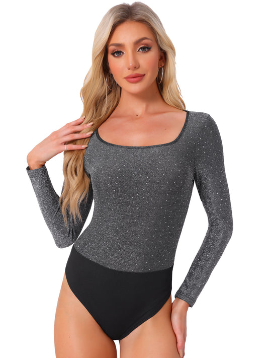 Women's Party Bodysuits Metallic Shiny Dots Square Neck Long Sleeve Top