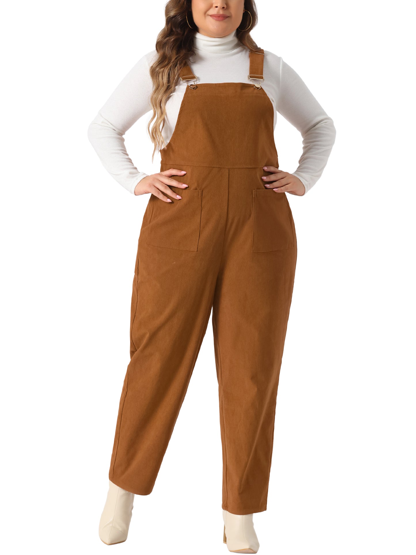 Women's Plus Size Corduroy Overalls Adjustable Straps Overall Jumpsuit with Pockets