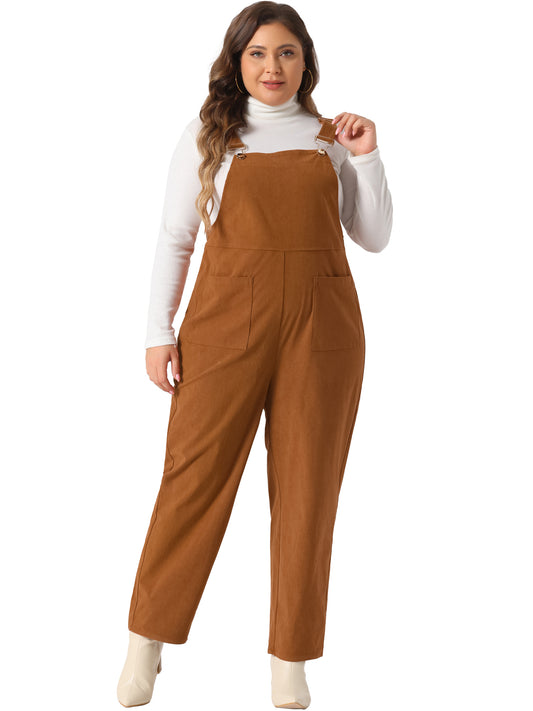 Women's Plus Size Corduroy Overalls Adjustable Straps Overall Jumpsuit with Pockets