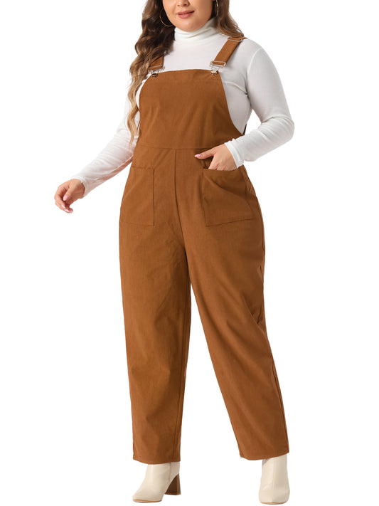 Women's Plus Size Corduroy Overalls Adjustable Straps Overall Jumpsuit with Pockets