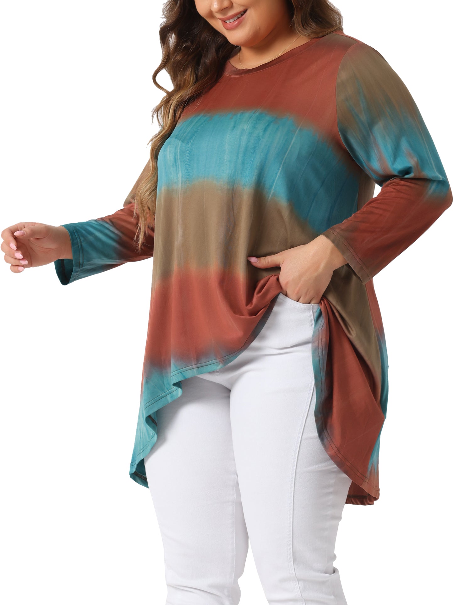 Women Plus Size Tops Tie Dye Crew Neck 3/4 Sleeve High Low Tunic Tee T-Shirt
