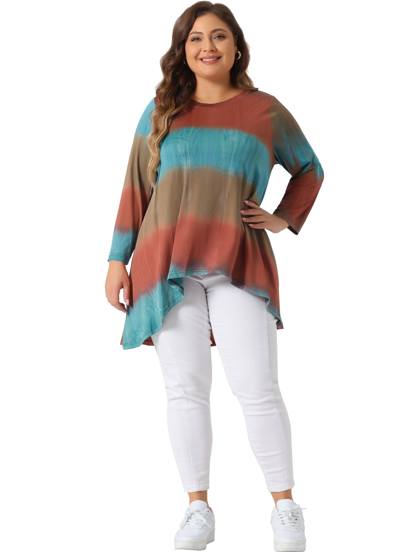 Women Plus Size Tops Tie Dye Crew Neck 3/4 Sleeve High Low Tunic Tee T-Shirt