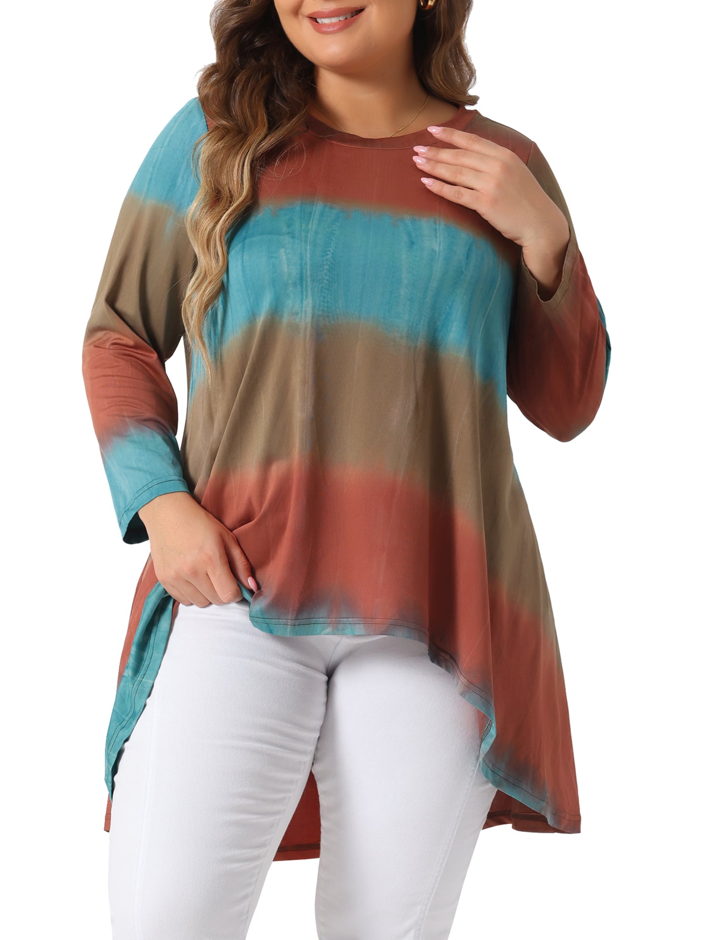 Women Plus Size Tops Tie Dye Crew Neck 3/4 Sleeve High Low Tunic Tee T-Shirt