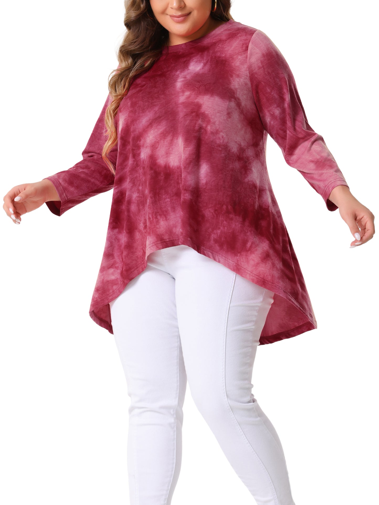 Women Plus Size Tops Tie Dye Crew Neck 3/4 Sleeve High Low Tunic Tee T-Shirt