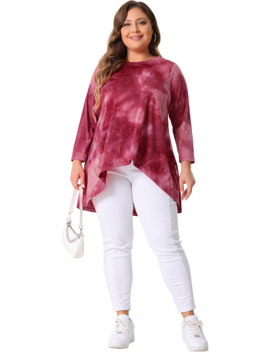 Women Plus Size Tops Tie Dye Crew Neck 3/4 Sleeve High Low Tunic Tee T-Shirt