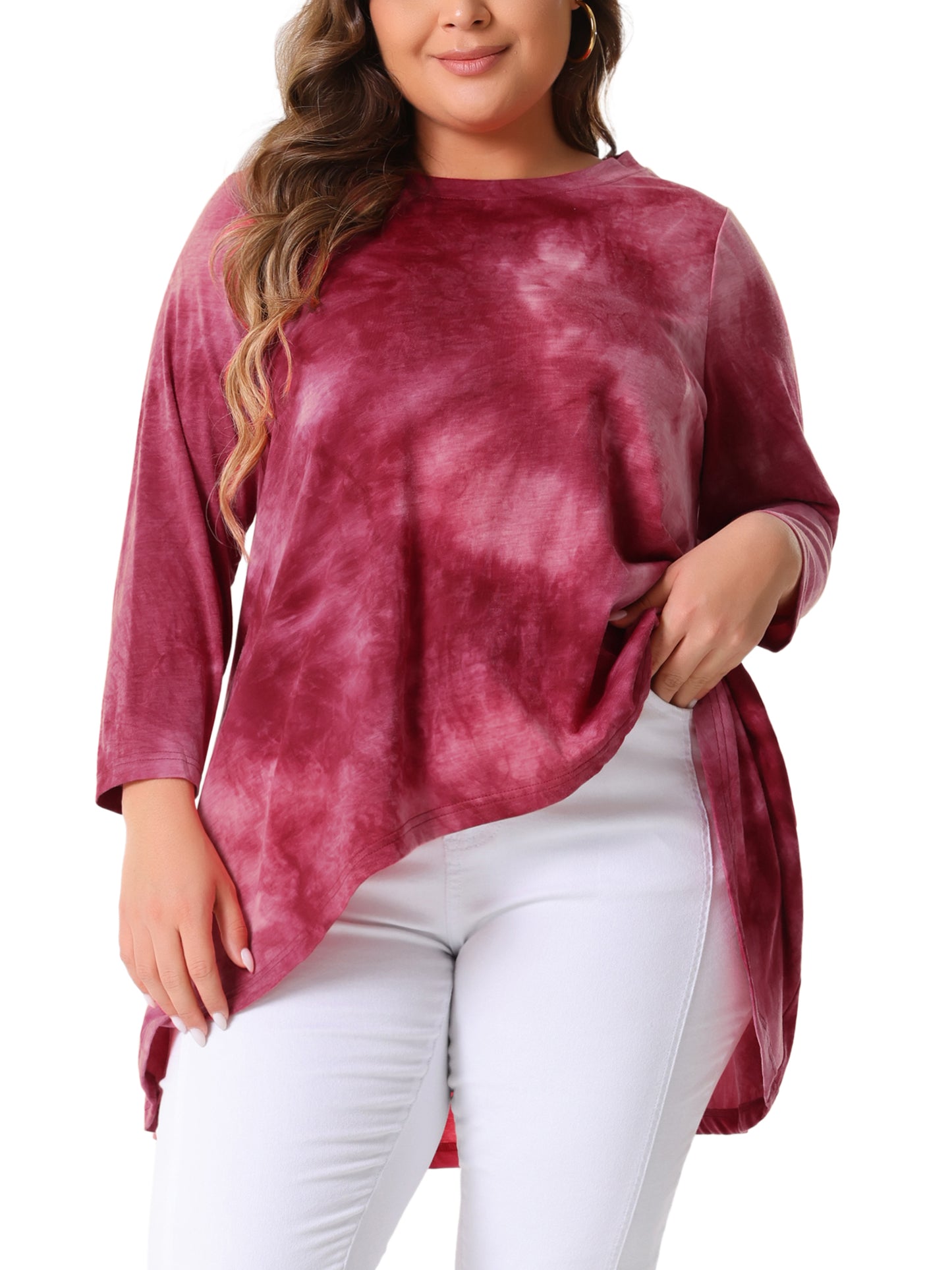 Women Plus Size Tops Tie Dye Crew Neck 3/4 Sleeve High Low Tunic Tee T-Shirt