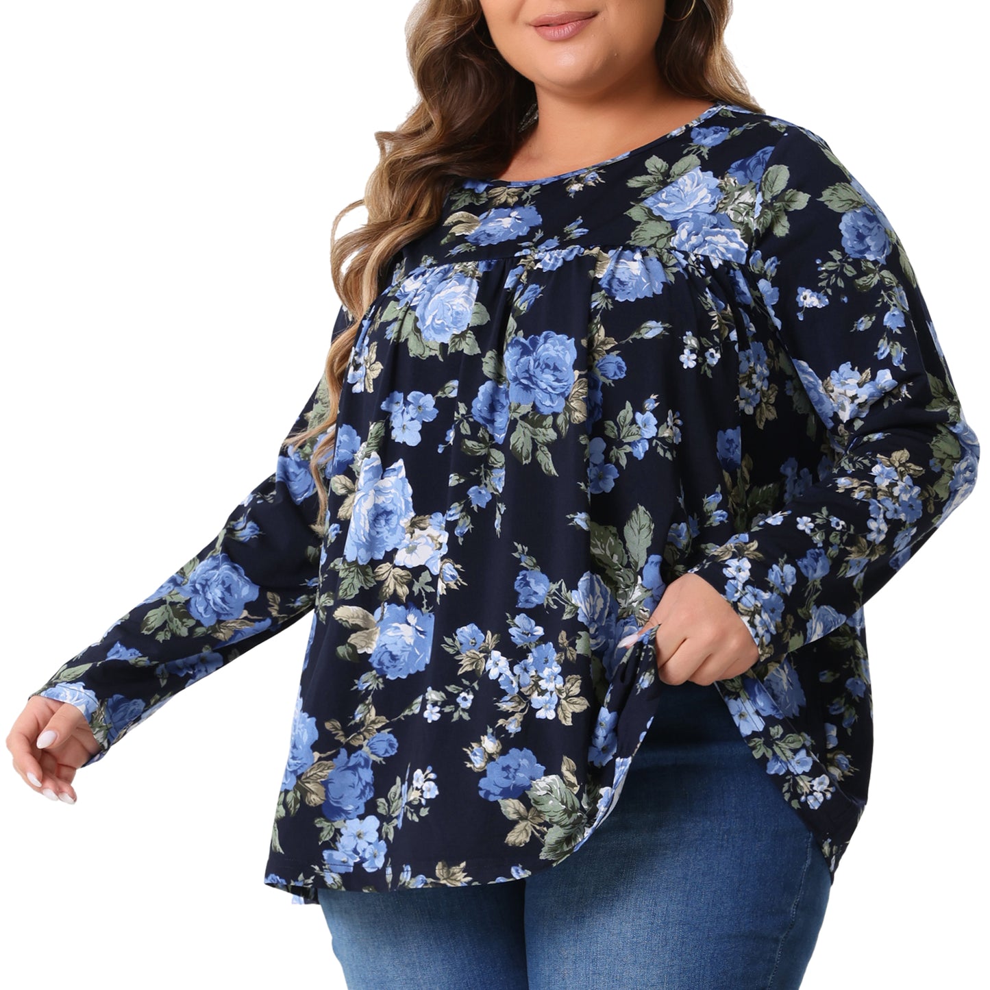 Women Plus Size Tops Long Sleeve Tunic Pleated Crew Neck Dressy Casual Fall Blouse