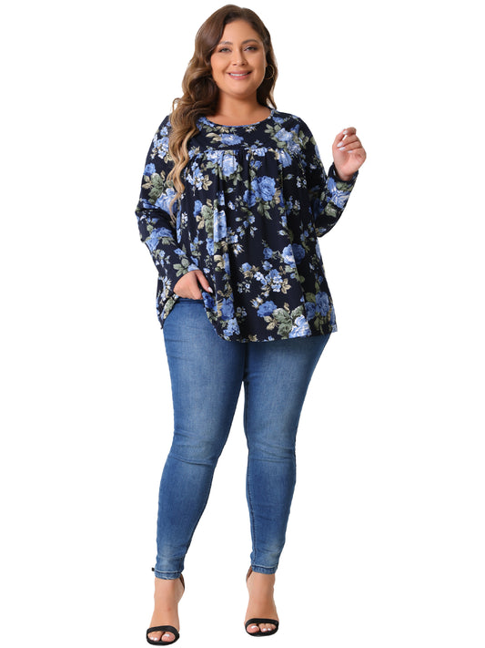 Women Plus Size Tops Long Sleeve Tunic Pleated Crew Neck Dressy Casual Fall Blouse