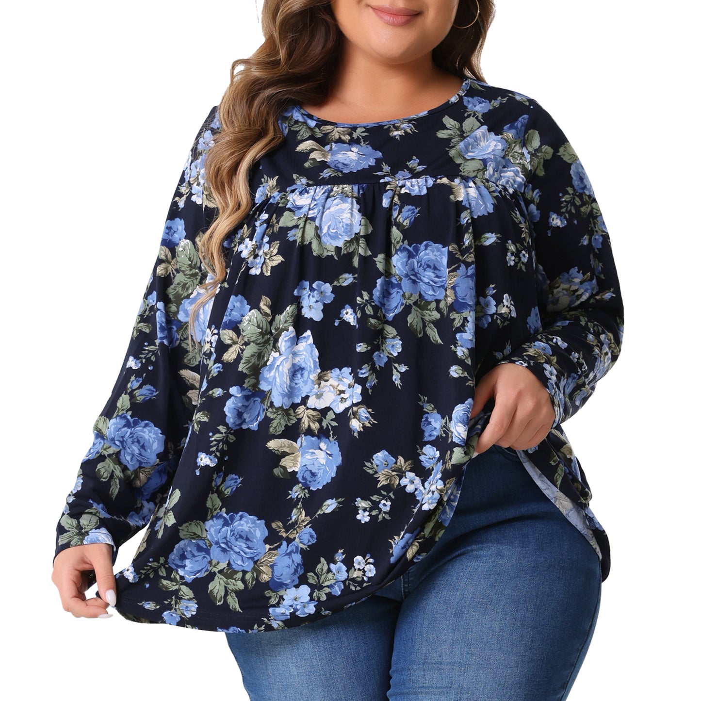 Women Plus Size Tops Long Sleeve Tunic Pleated Crew Neck Dressy Casual Fall Blouse