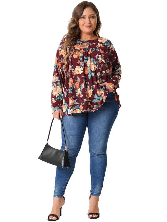 Women Plus Size Tops Long Sleeve Tunic Pleated Crew Neck Dressy Casual Fall Blouse