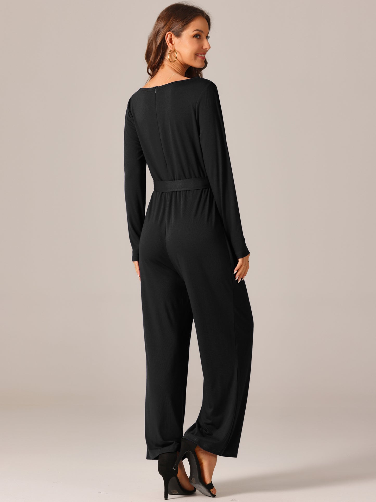 Women's V Neck Long Sleeve Jumpsuit Belted Back Zipper Stretchy Wide Leg Long Pant Romper