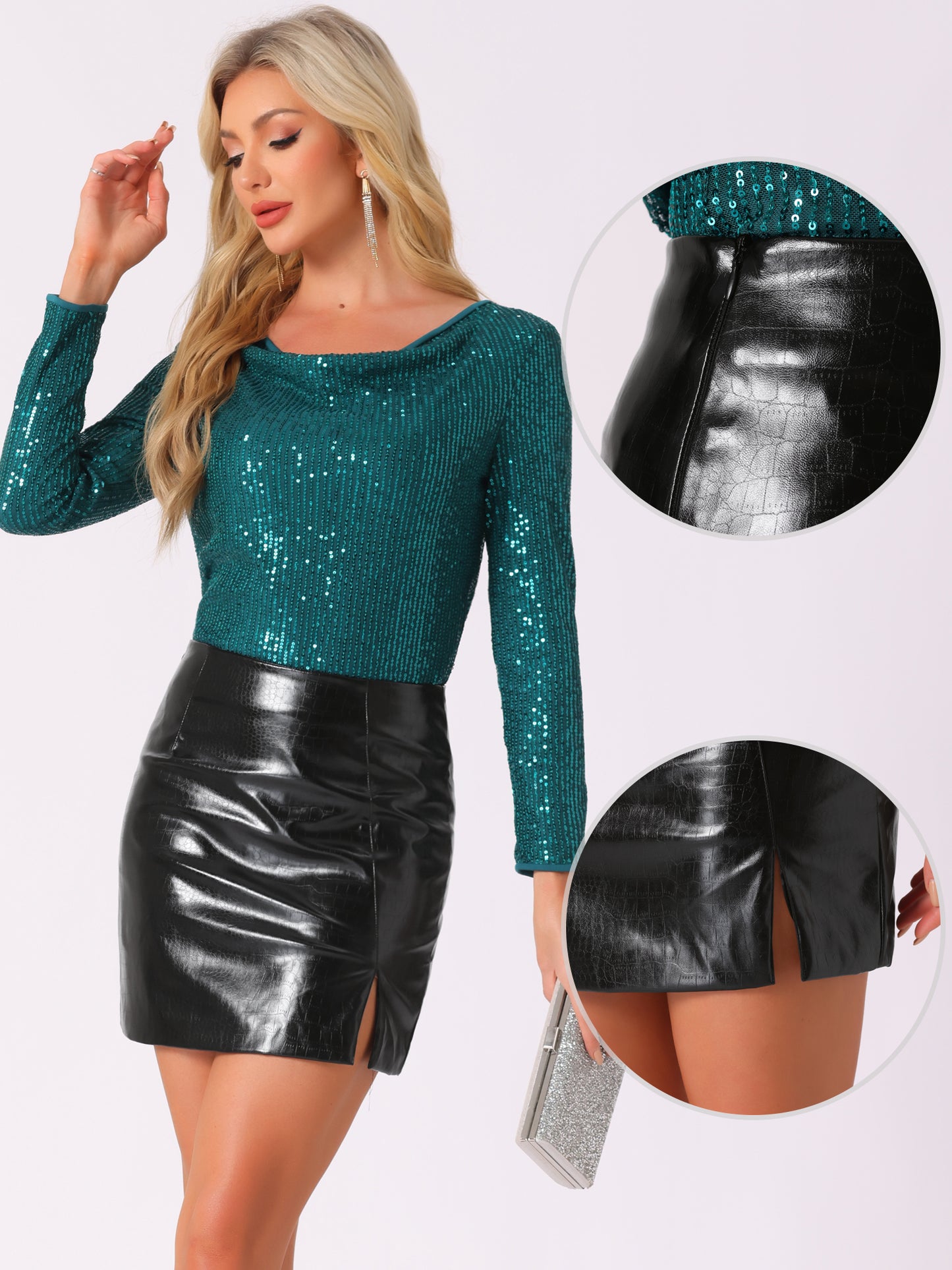Women's Metallic Shiny High Waist Slit Sparkly Rave Party Bodycon Mini Skirts