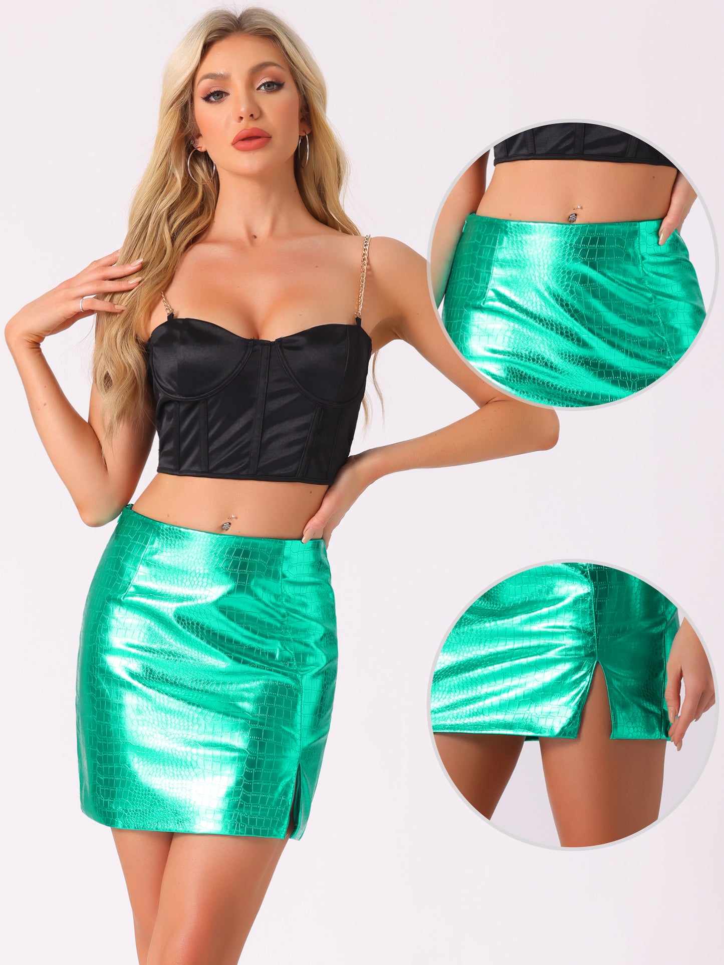 Women's Metallic Shiny High Waist Slit Sparkly Rave Party Bodycon Mini Skirts