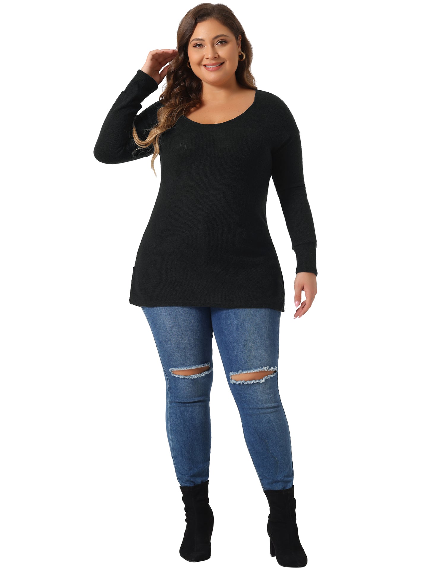 Women's Plus Size V Neck Waffle Knit Long Sleeve Shirts Basic Top Casual Sweater Pullover