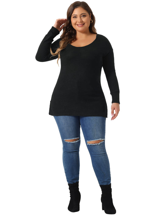 Women's Plus Size V Neck Waffle Knit Long Sleeve Shirts Basic Top Casual Sweater Pullover