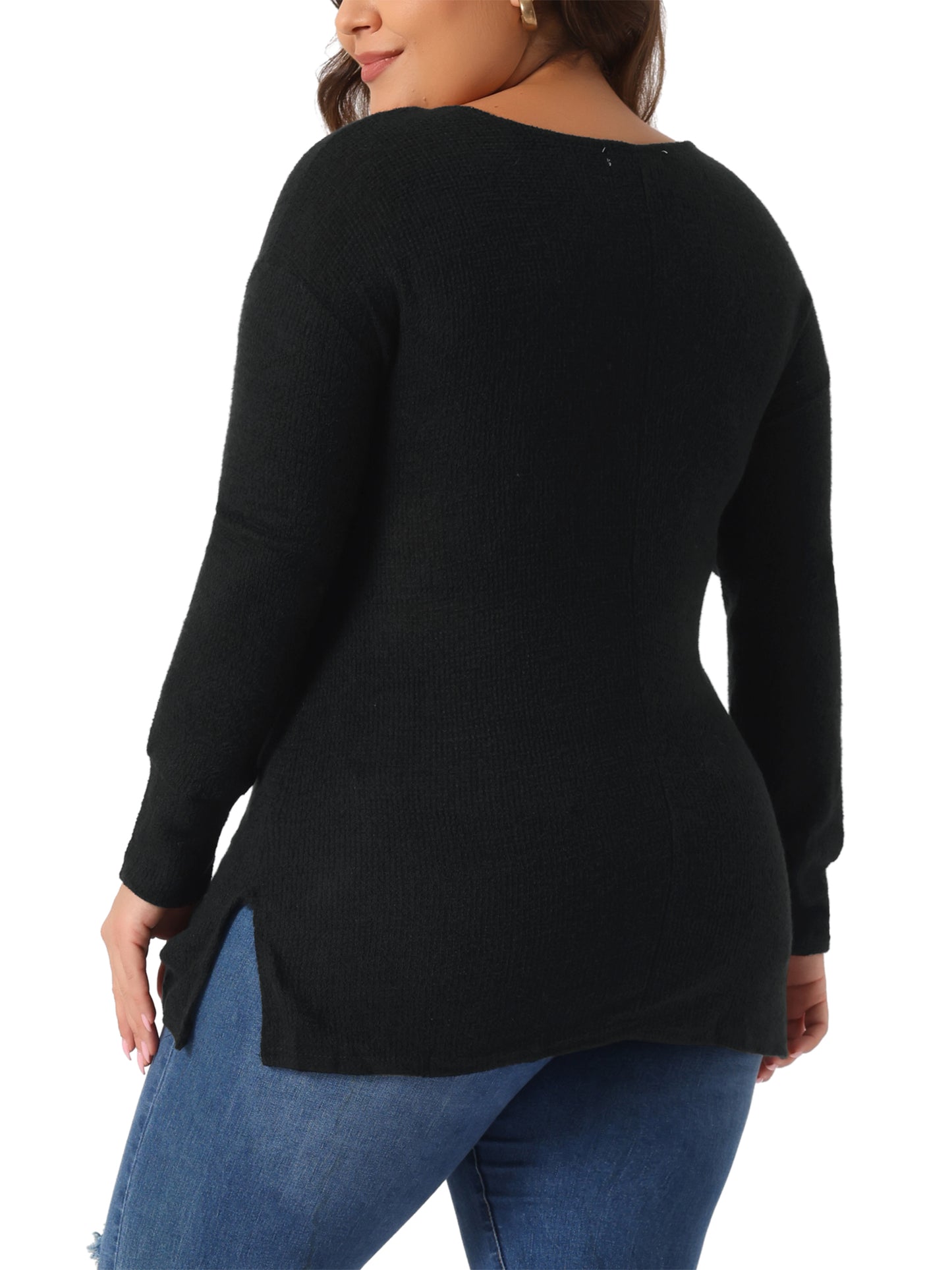 Women's Plus Size V Neck Waffle Knit Long Sleeve Shirts Basic Top Casual Sweater Pullover